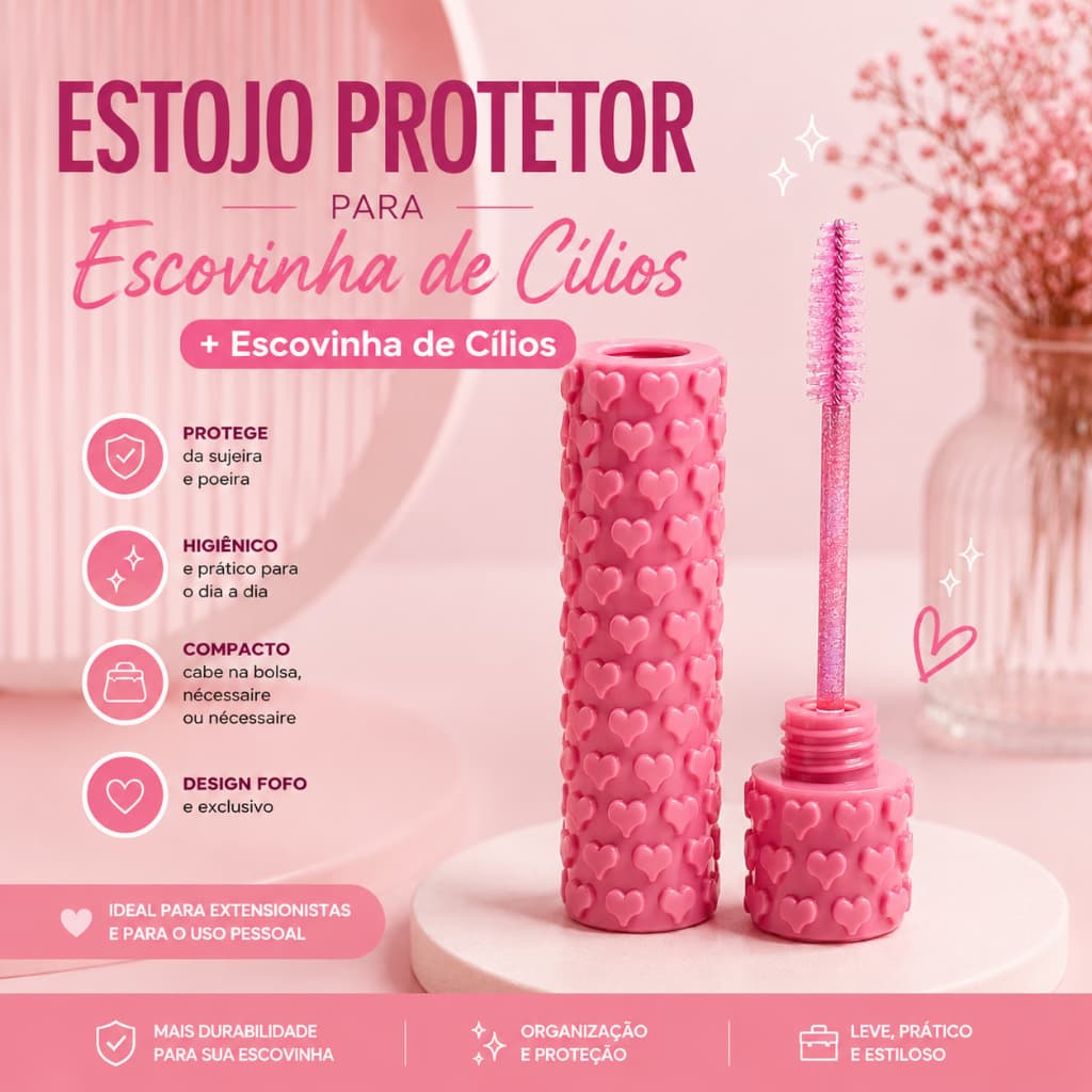 Estojo para Escovinha de Cílios | Protetor + Escovinha de Cílios Design de Coração | Brinde para Lash Designer