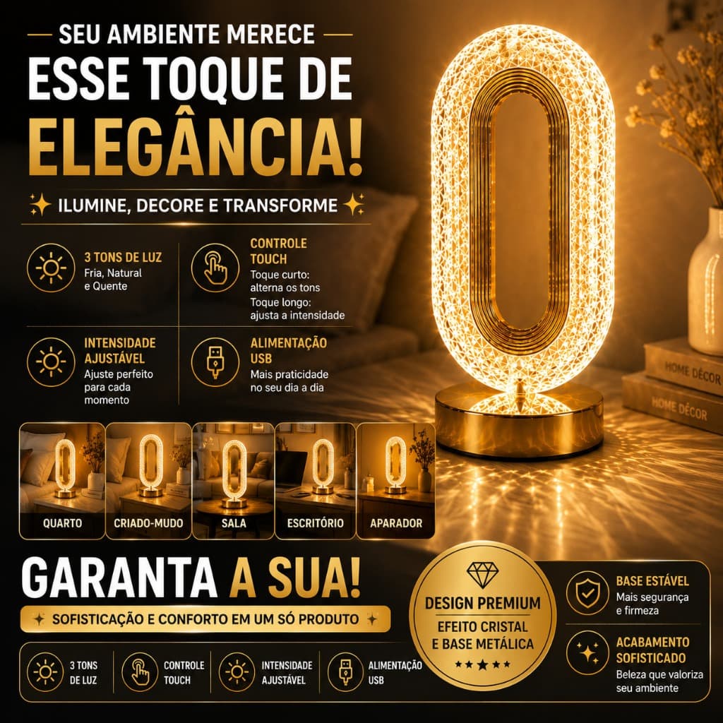 Luminária de Mesa Oval Cristal 3 Cores LED Touch USB para Quarto Criado-Mudo Abajur Decorativo