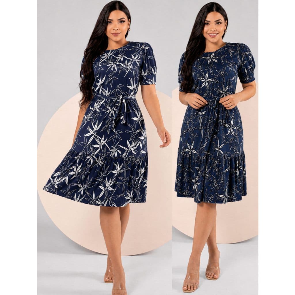 Vestido  Estampado Para Moda Evangelica De Babado, Saia Rodada E Manga Bufante
