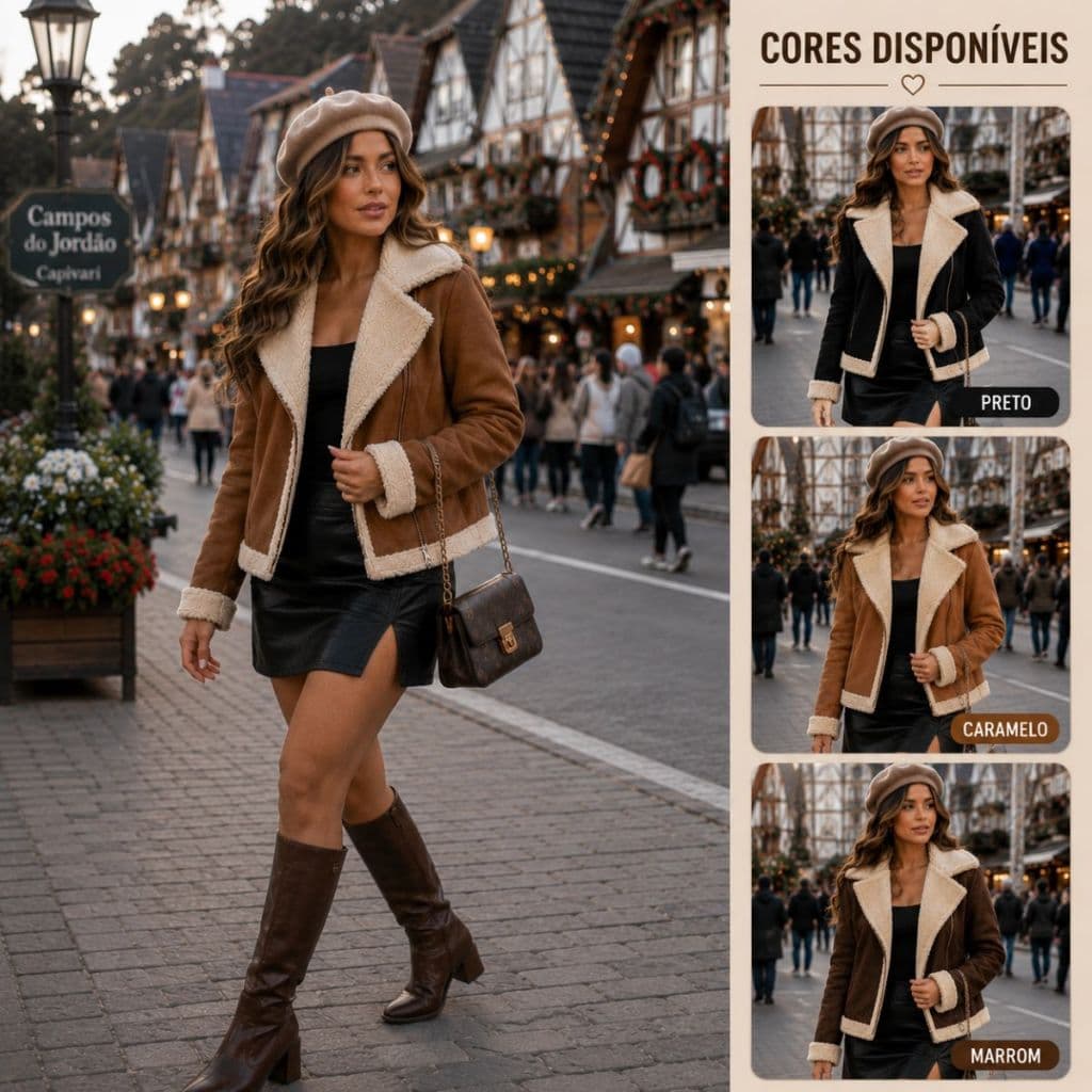 Jaqueta Feminina Aviador Peluciada Couro PU Casual Moderna Elegante