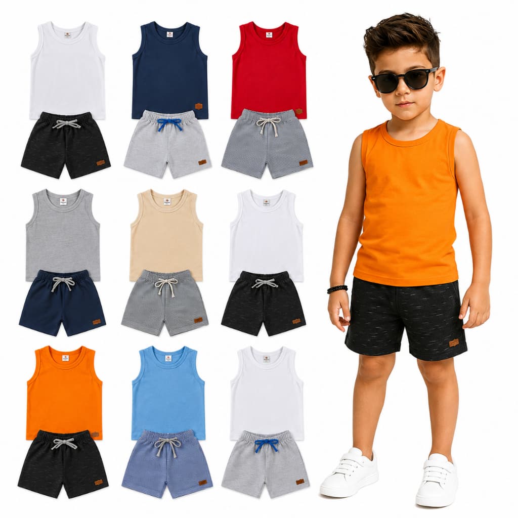 Kit Conjunto Infantil Menino Regata + Bermuda do 2 ao 12 Anos | Roupa Infantil Menino Verão Conjunto Regata Menino Verão