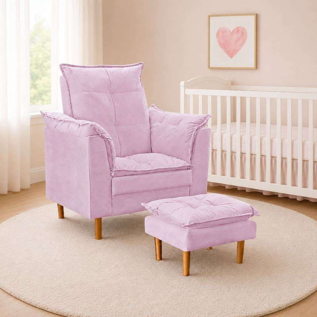 Poltrona De Amamentação Ergonômica Loana Com Puff Suede Rosê