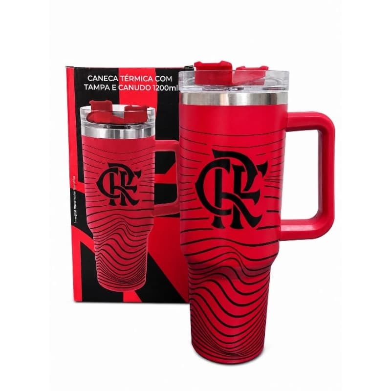 Caneca Copo Garrafa termico flamengo 1,2 litros com tampa e canudo