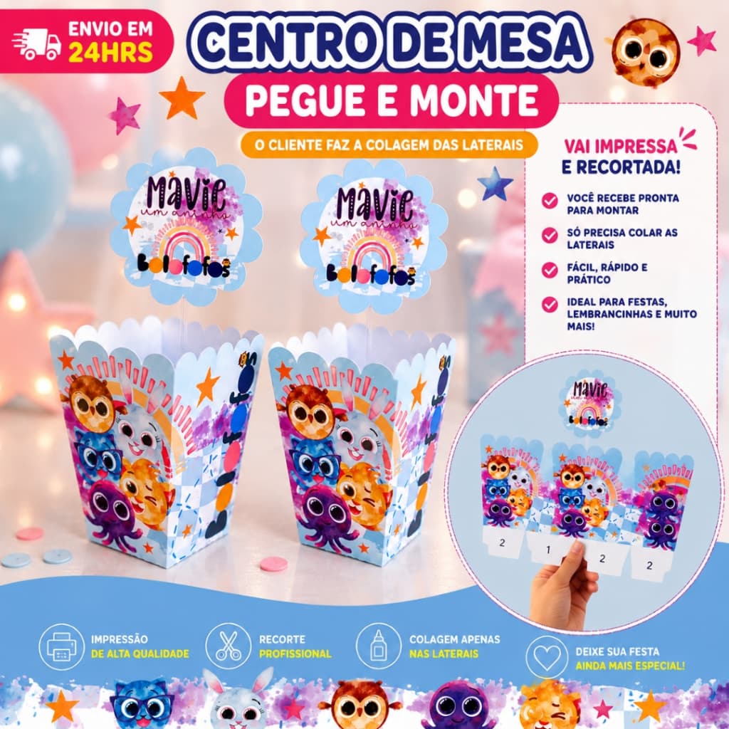 Kit 10 Centro de mesa Bolofofo Personalizados /Lembrancinha de Festa /Aniversário PEGUE E MONTE