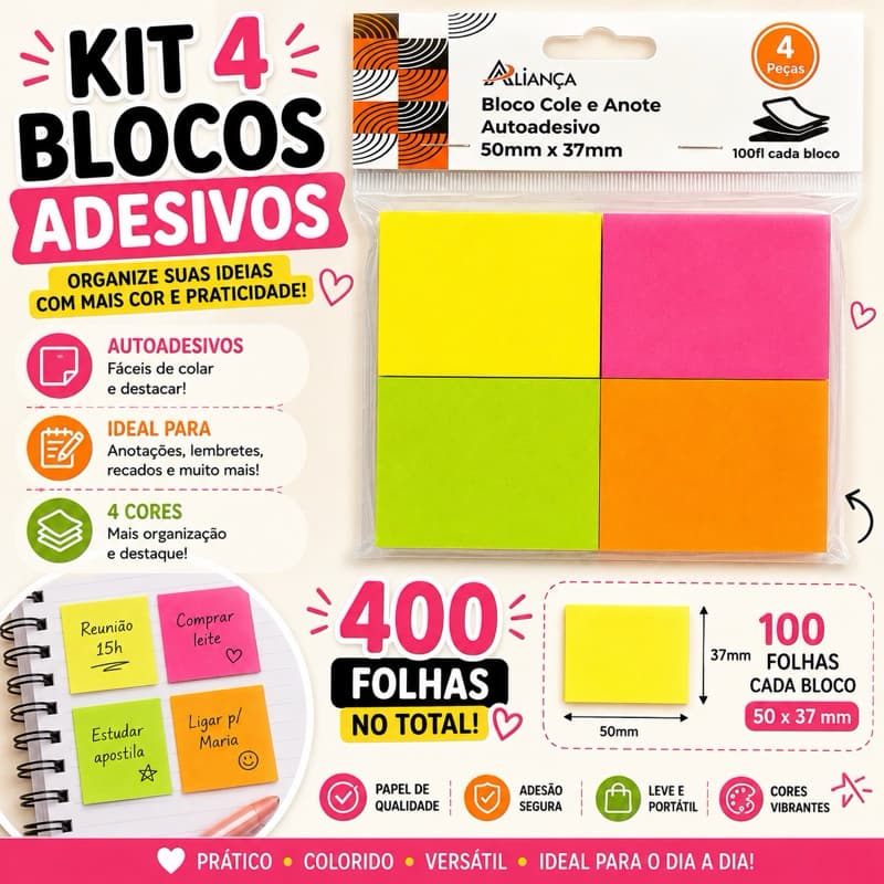 Kit 4 Blocos de Notas Adesivas Coloridas 100 Folhas 50x37mm