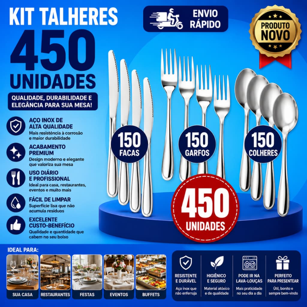 Conj de Talheres 150  300 e 450 Peças Garfo Faca e Colher p Cozinha Restaurante e Buffe Aço Inox