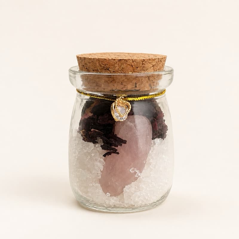 Pote do Amor-Próprio com Quartzo Rosa e Hibisco | Presente Especial com Pingente Coração