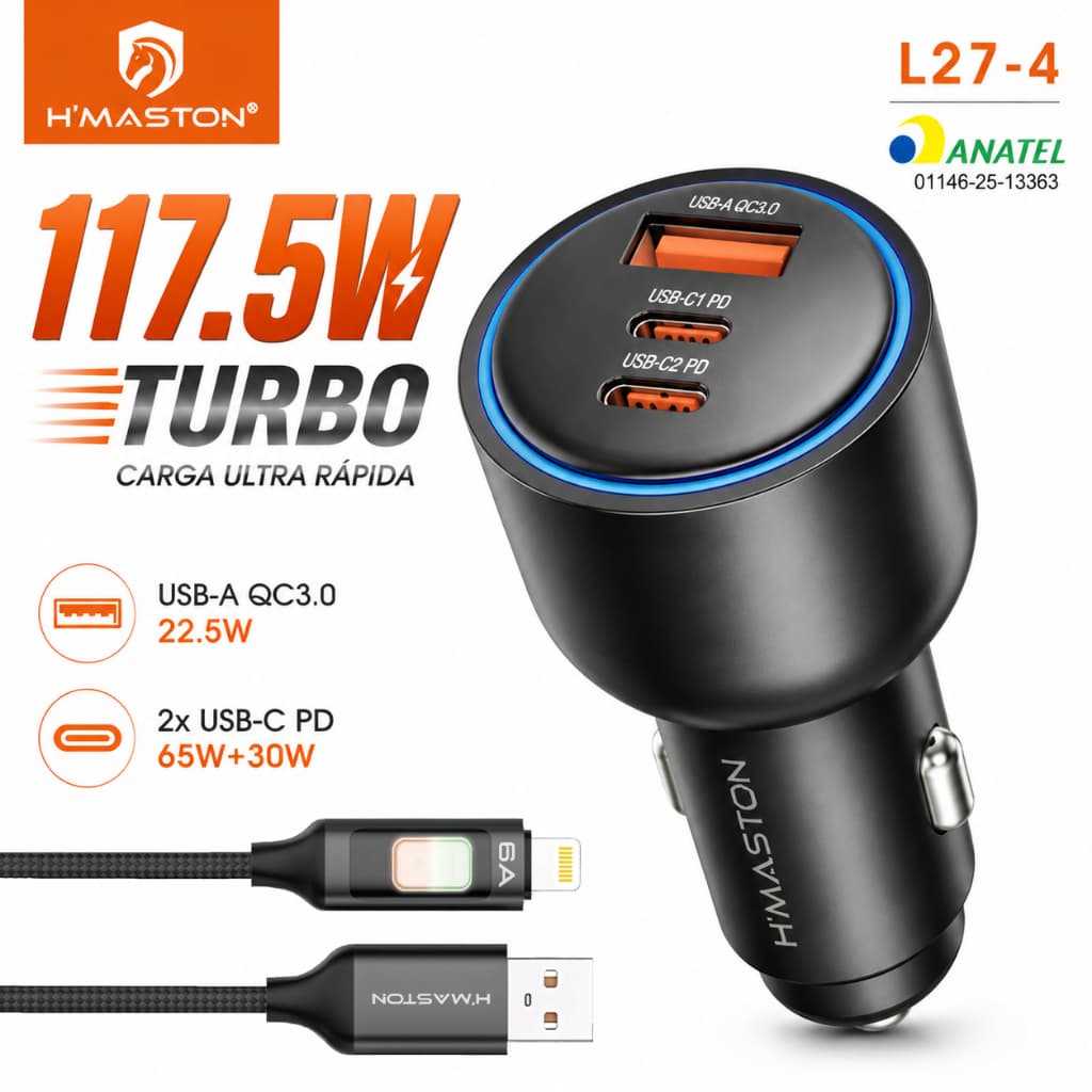 3-PORT Turbo Car Phone Charger with 2 Type-C PD Ports + 1 USB-A QC3.0 Port 117.5W Fast Charging - Original