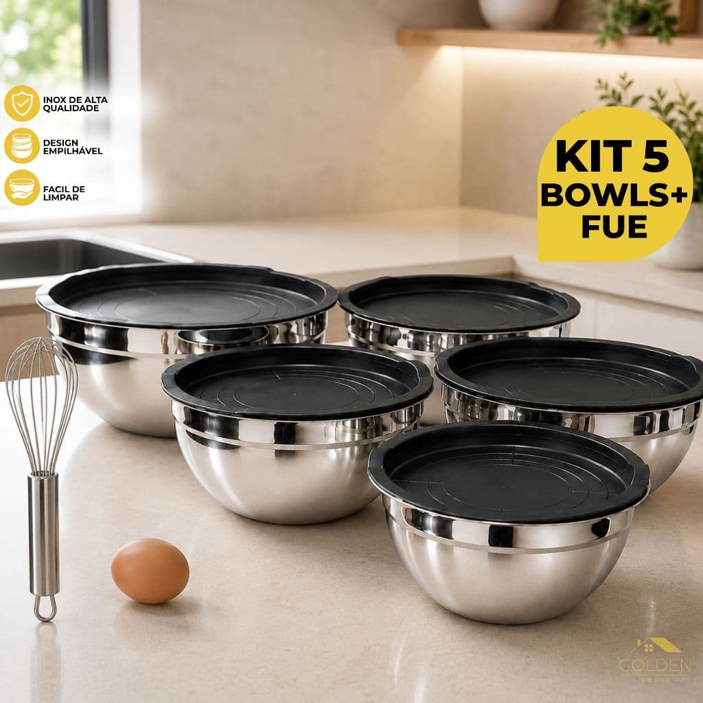 Kit 5/3 Bowl de Inox Tampa Hermética Empilhável Pote Tigela + Fue 1,5L 1,8L 2,5L 3L 4L
