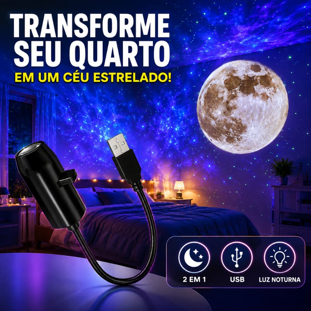 Projetor de Galáxia 2 em 1 Luz Noturna LED USB Quarto Céu Estrelado