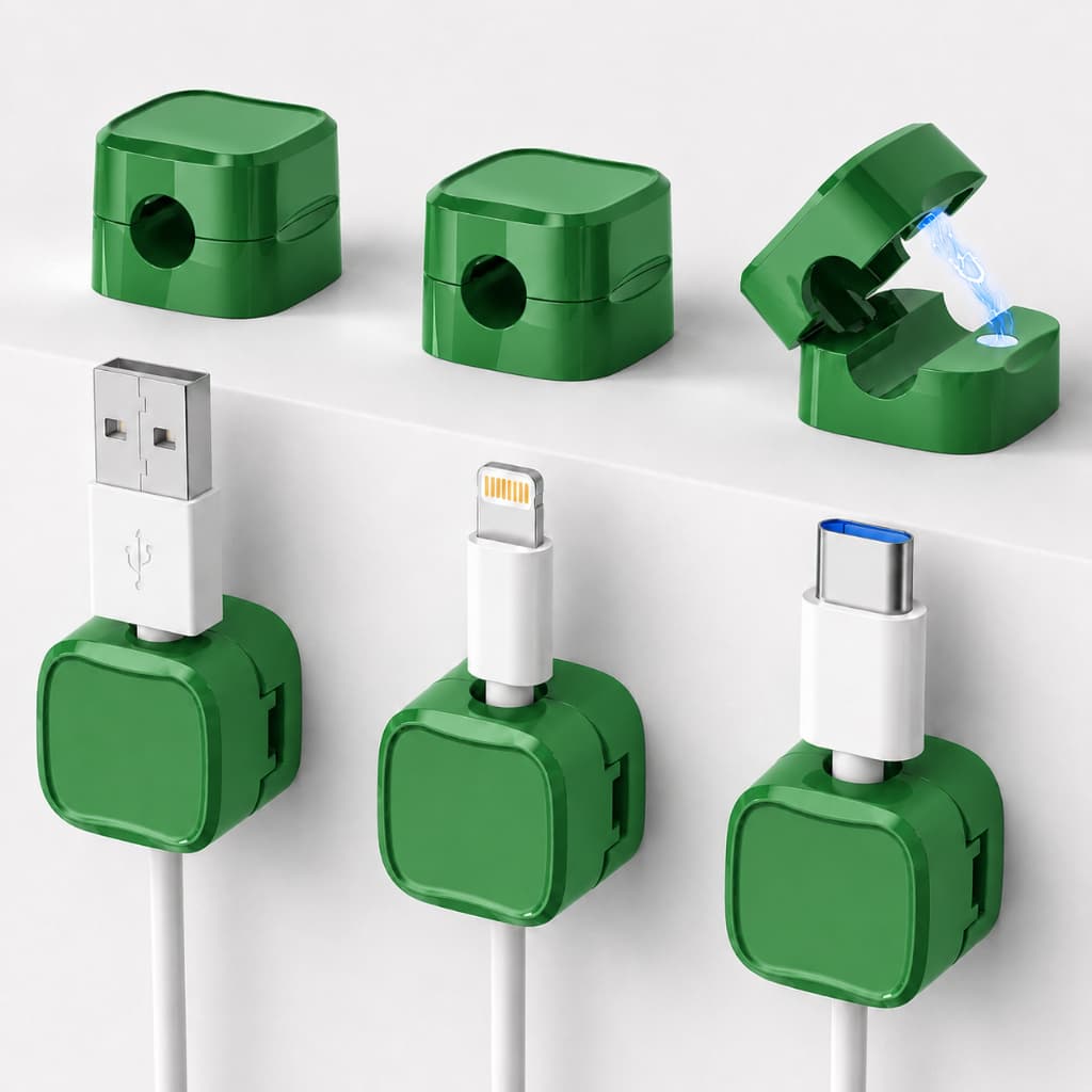 Kit 5 Organizador de Cabos Magnético Prendedor Fios Carregador USB USB-C Lightning Fone com Adesivo Dupla Face
