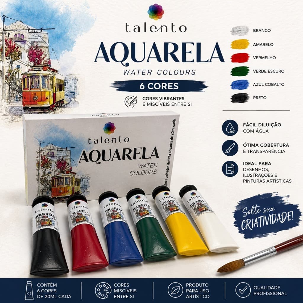 Kit Tinta Aquarela Talento 6 Cores 20ml Water Colours para Pintura Artística