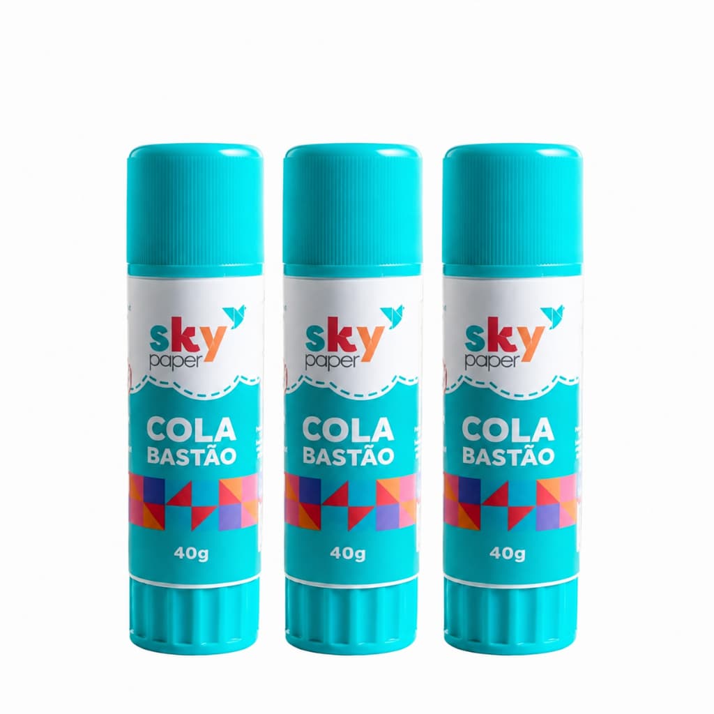 Kit 3 Cola em Bastão Branca 40g Skypaper Material Escolar Volta Aulas Estudo Papelaria Papel Cartolina