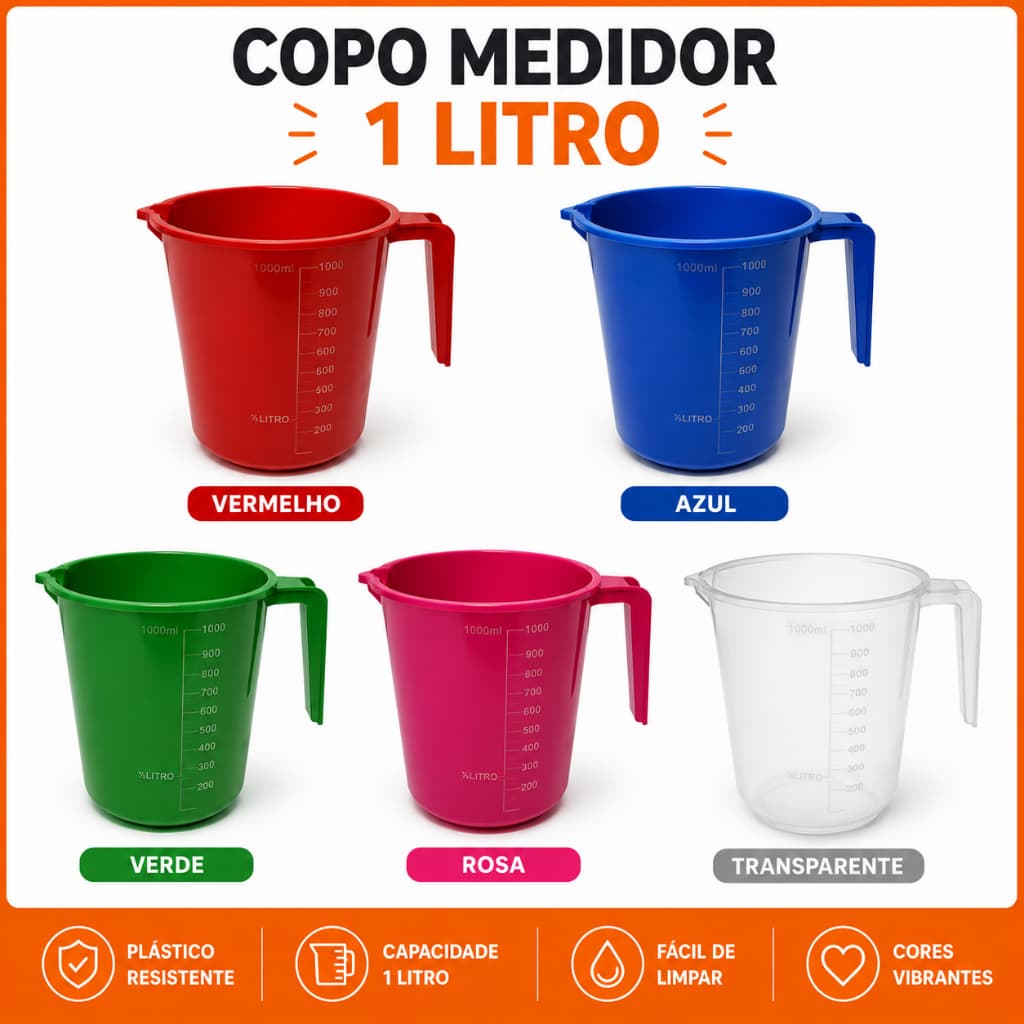 Copo Medidor 1 Litro Plástico Resistente com Alça Multiuso Cozinha