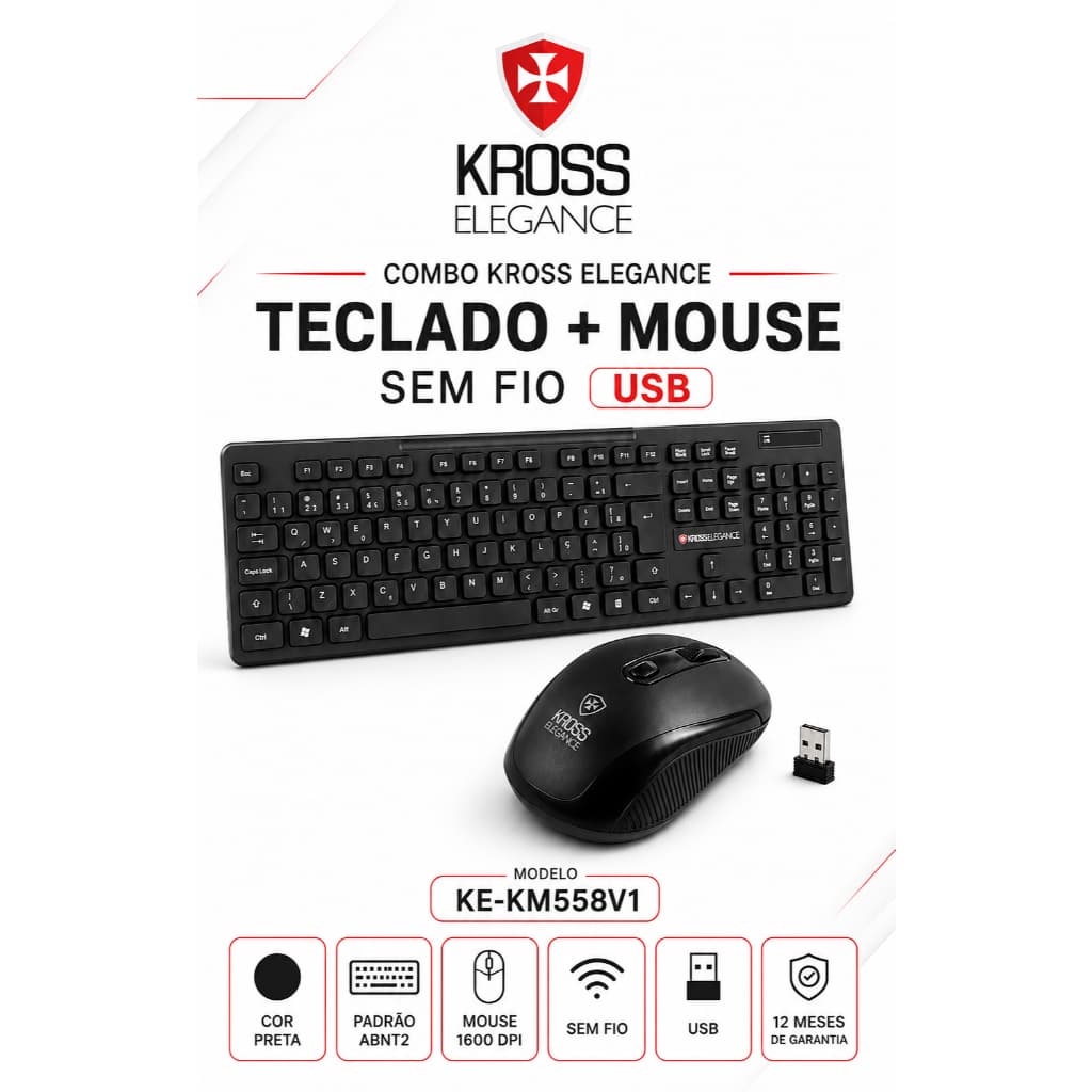 Kit Teclado Mouse Kross S/ Fio Usb Elegance Preto Ke-km558v1