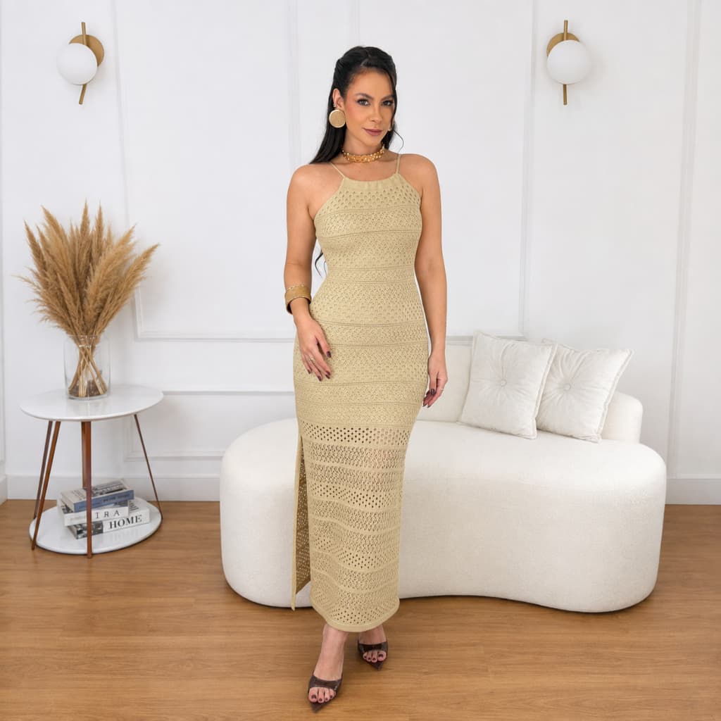 Vestido Rendado Longo Feminino Tricot Vazado Alça Fina Fenda Elegante Verão