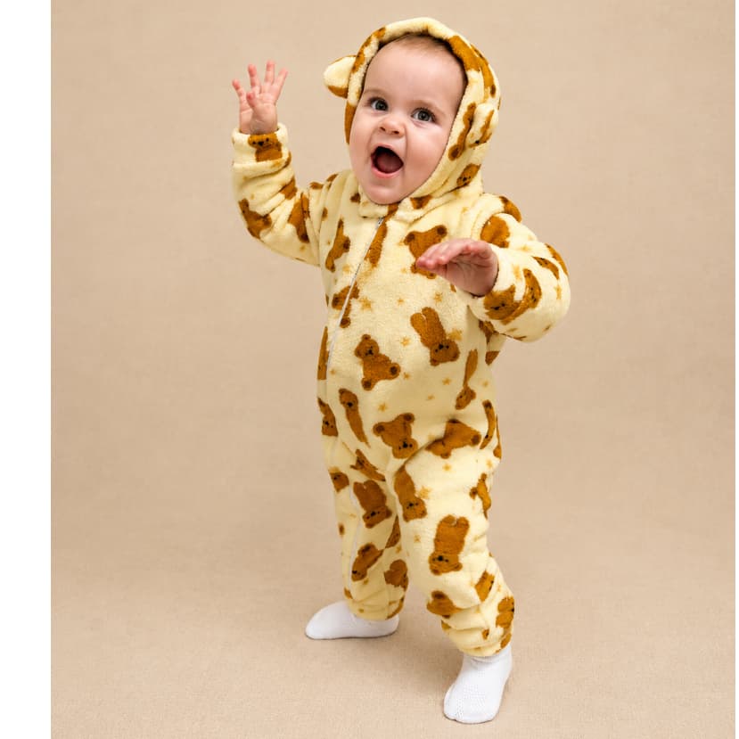 Macacão Infantil Bebê Peluciado Roupa de Frio Amarelo Manteiga