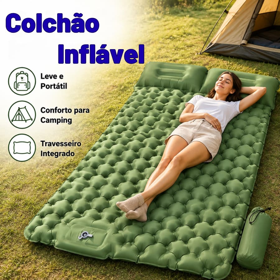 Colchão Camping Inflável Portátil Nylon 40D TPU com Bomba de Pé Integrada