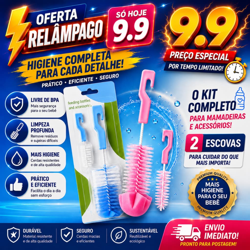 Kit 2 Escovas Para Lavar Mamadeira e Bicos com Esponja Macia Bebê Garrafas Térmicas Multiuso Limpeza Copos Anti Mofos.