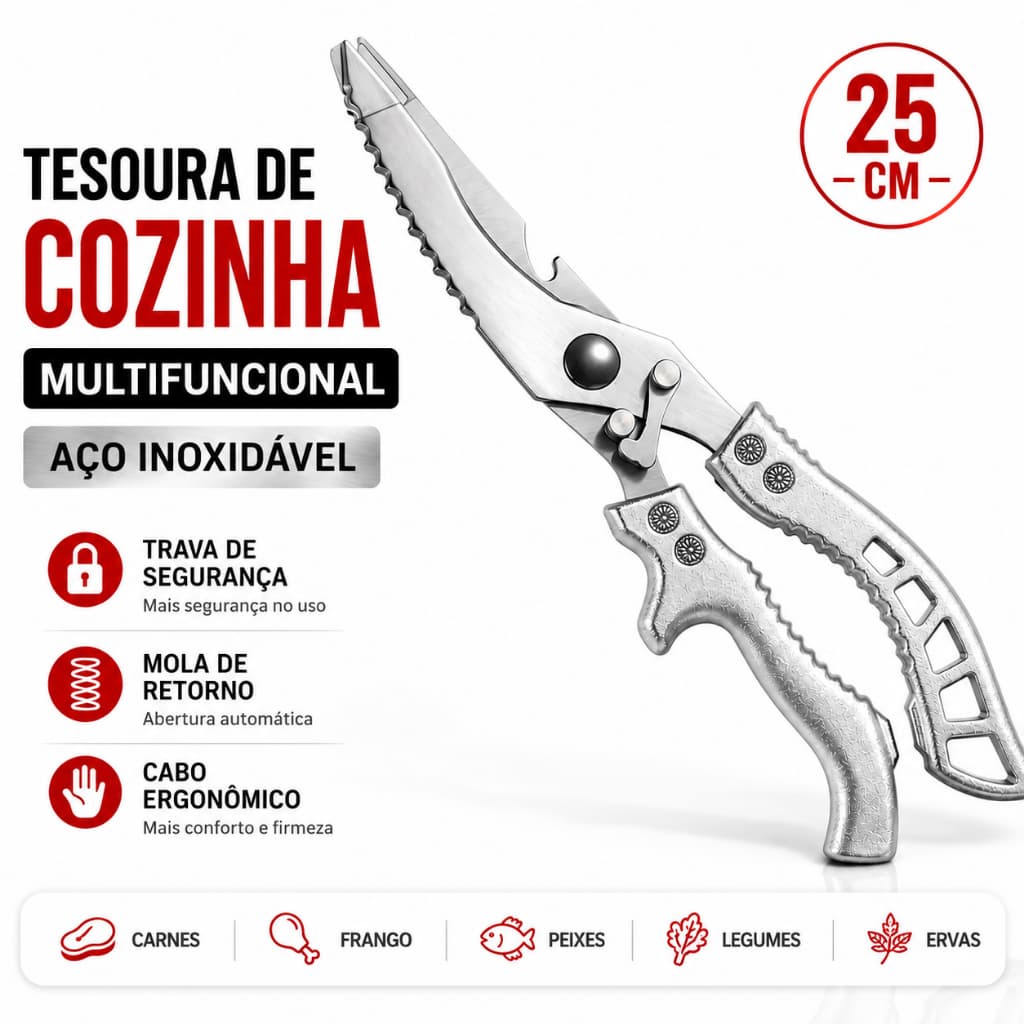 Tesoura de Cozinha Multifuncional Aço Inox Corta Carne Frango Peixe Legumes Quebra Nozes