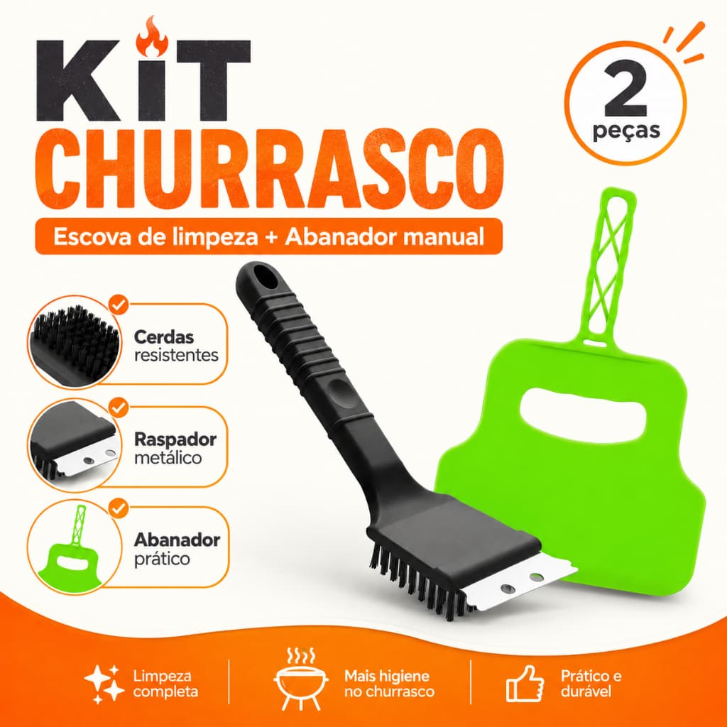 Kit Limpeza Churrasqueira Escova de Aço com Raspador + Abanador Manual