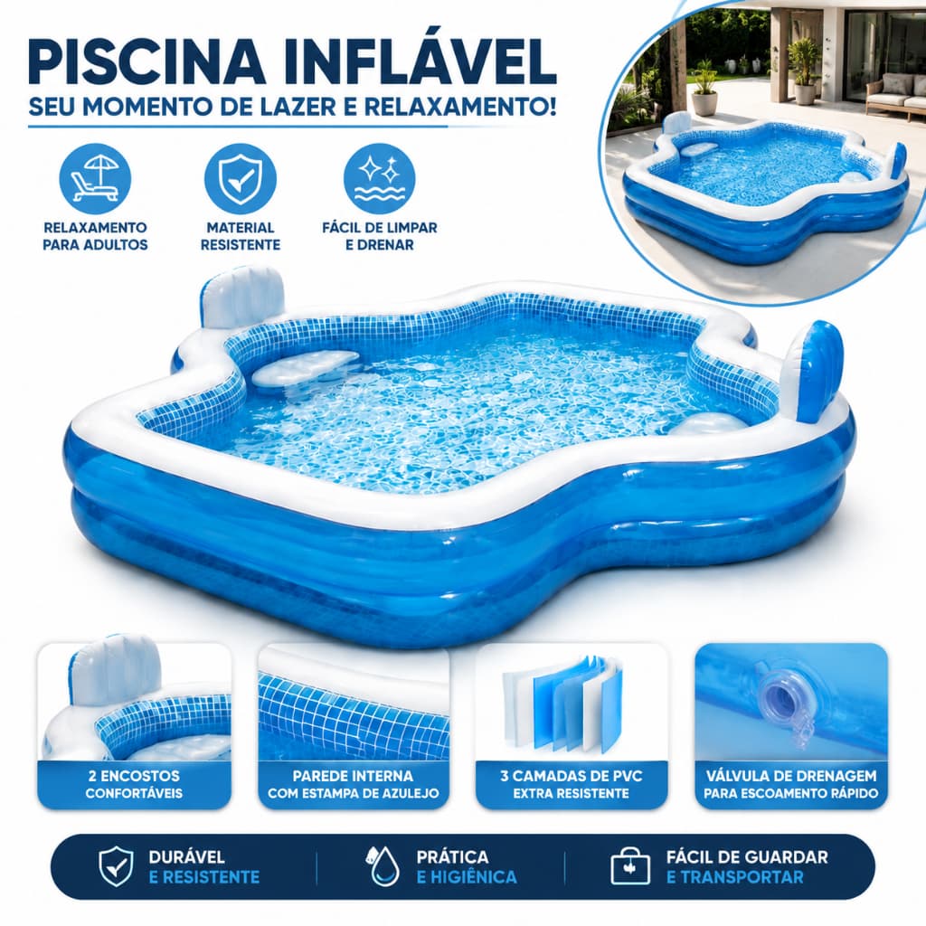 Kit Piscina Inflável Quintal 3 Camadas Durável + Bomba de Ar Fácil Montagem Esvaziamento Assentos