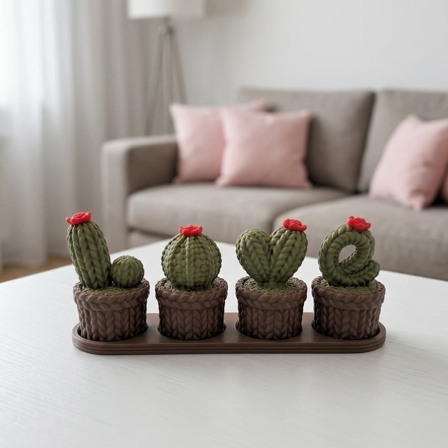 Kit 4 Vasos LOVE Efeito Crochê Decorativo Mini Porta Joia Plástico Cacto com Efeito Tricô
