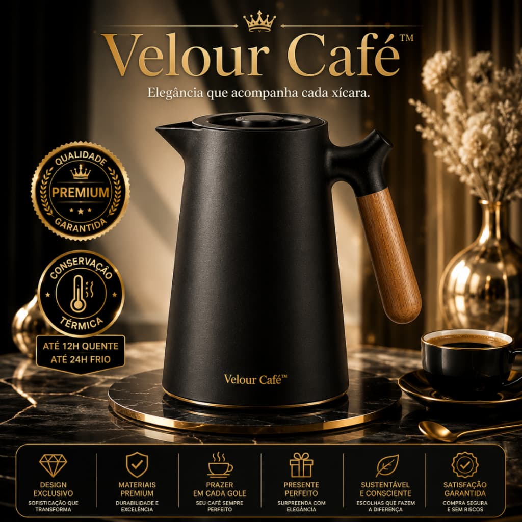 Garrafa Térmica 1L Preta Cabo de Madeira para Café e Chá Design Nórdico Velour Café
