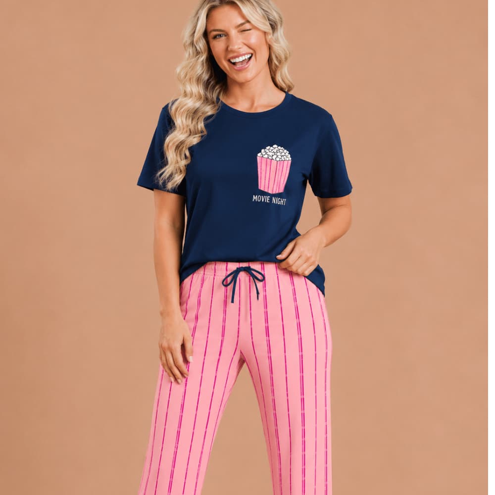 Conjunto Pijama Feminino Blusa Manga Curta e Calça Longa Malha PV Antipeeling Plus Size Presente