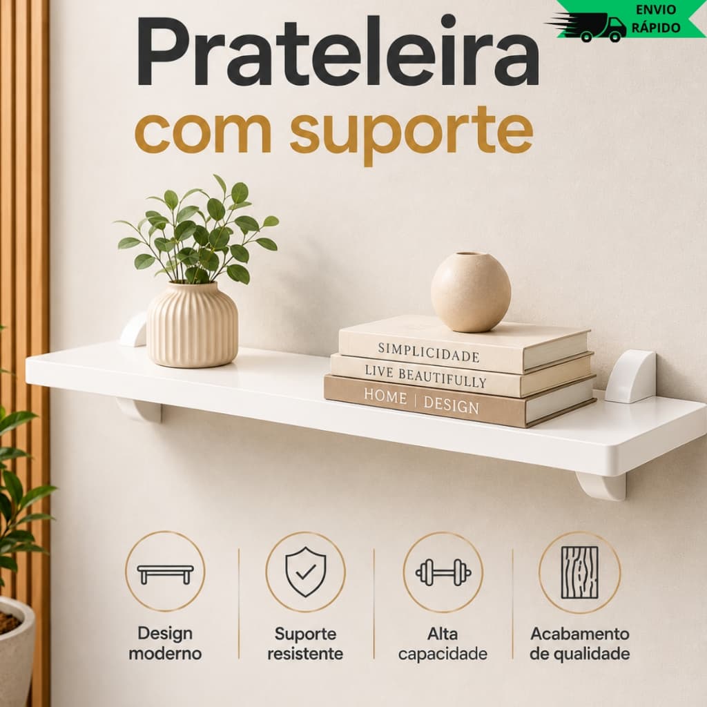Prateleira MDF Branca Com Suporte 60x20 80x30 Parede Sala Quarto Cozinha Decoração