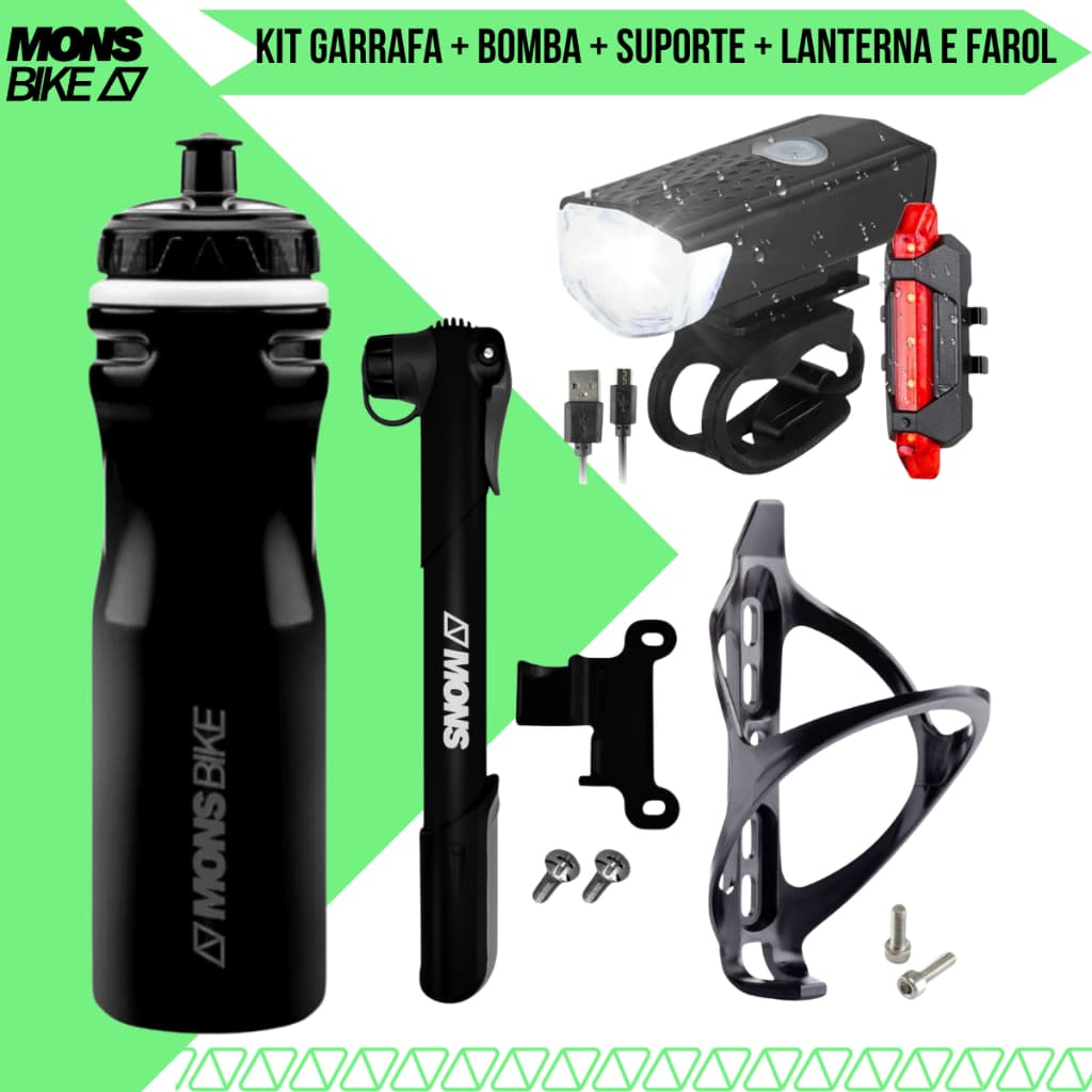 Kit Ciclismo Bike Garrafa Isotermica 600ml + Suporte Quadro + Mini Bomba Ar + Kit Farol Lanterna USB