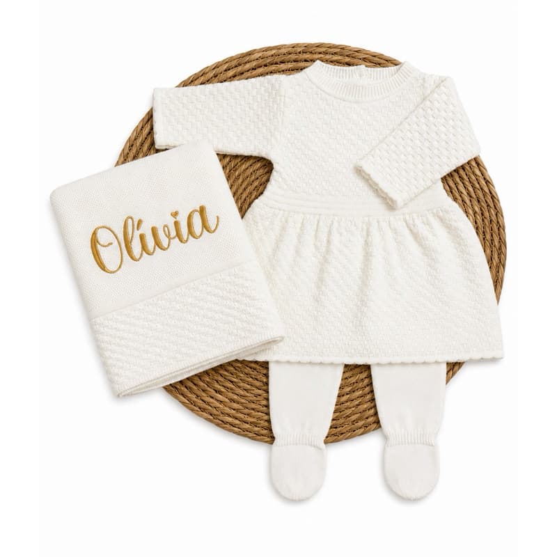 Saída Maternidade Luxo Menina Tricô Personalizada 3 peças
