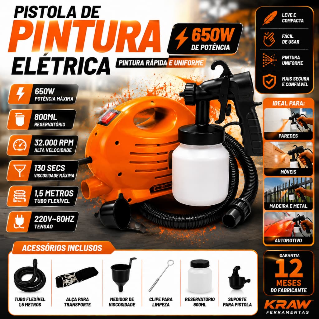 Pistola de Pintura Eletrica 650w 800ml KK-1808 Kraw - 220v