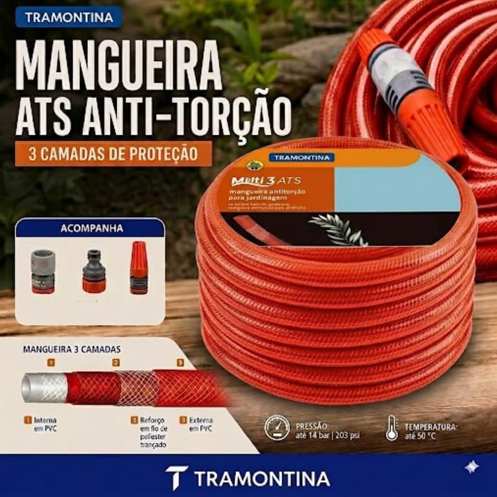 Mangueira Tramontina anti-torção Vermelha 3 Camadas + Kit Irrigação Completo Esguicho Jardim