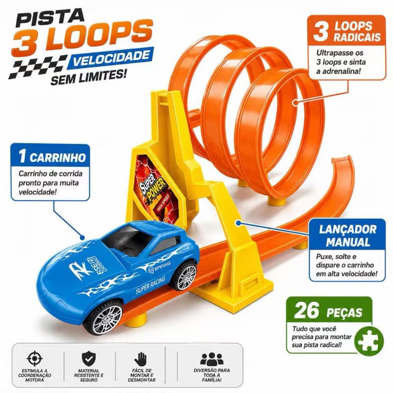 Pista de Corrida Infantil 340cm com 3 Loopings Lançador e Carrinho1690