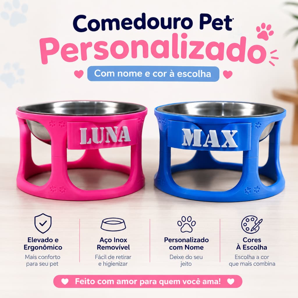 Comedouro Elevado Pet Personalizado com Nome + Tigela Inox para Cães e Gatos