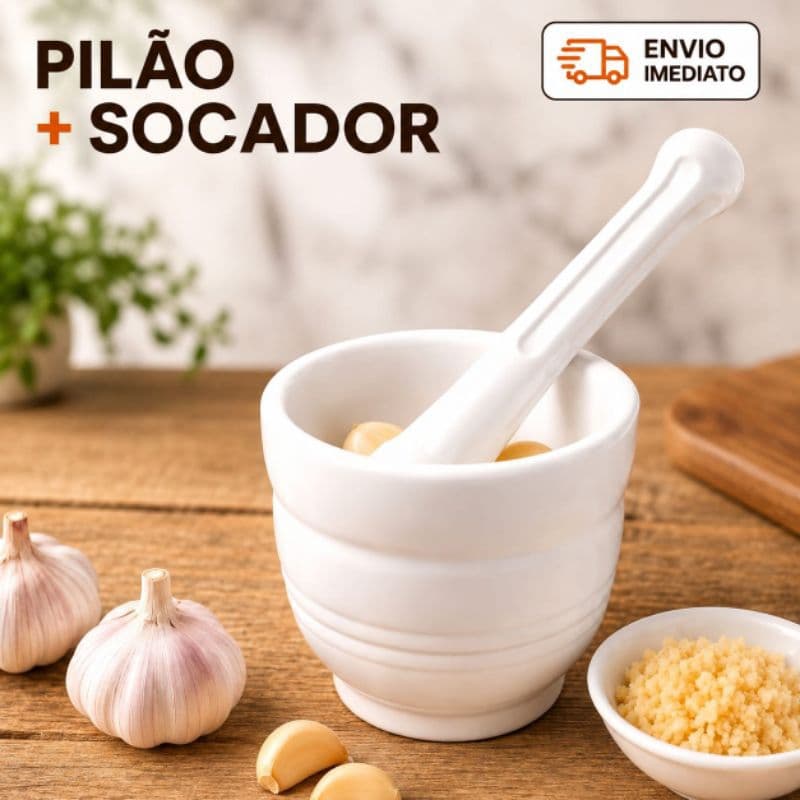Pilão de Plástico com Socador Triturador de Temperos Alho Ervas Especiarias Resistente para Cozinha