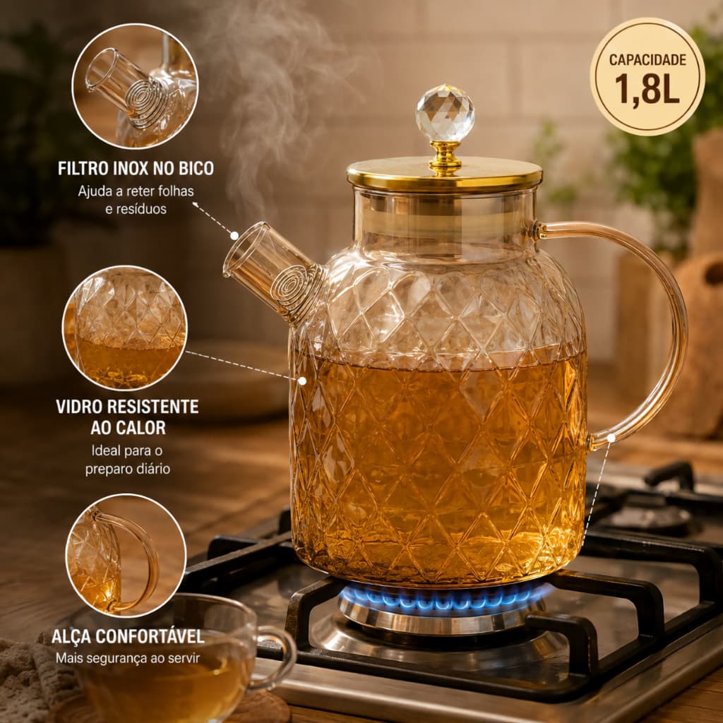 Chaleira de Vidro 1,8L Âmbar com Filtro Inox Borossilicato Vai ao Fogo para Chá Café Cozinha e Uso Diário