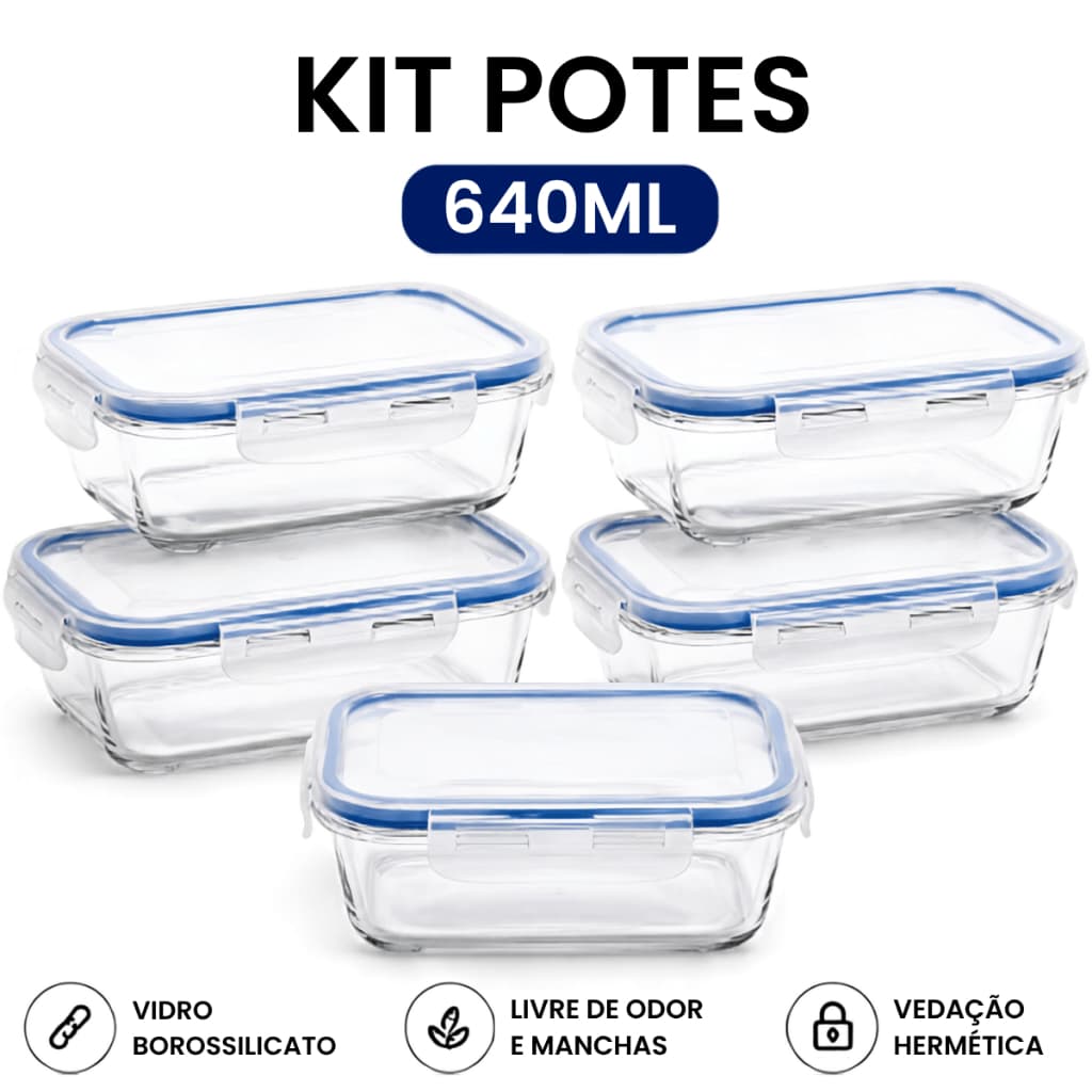 Kit 3/5 Potes Herméticos Vidro Borossilicato 640ml com Tampa Stripes | Potes de Vidro para Alimentos, Geladeira, Freezer
