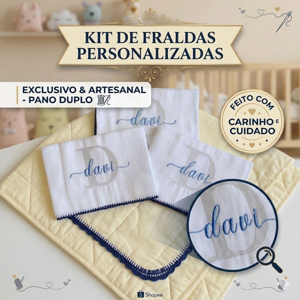Fralda Personalizada com Nome Fralda de Pano para Bebê 3 Unidades Pano Duplo Enxoval de Bebê