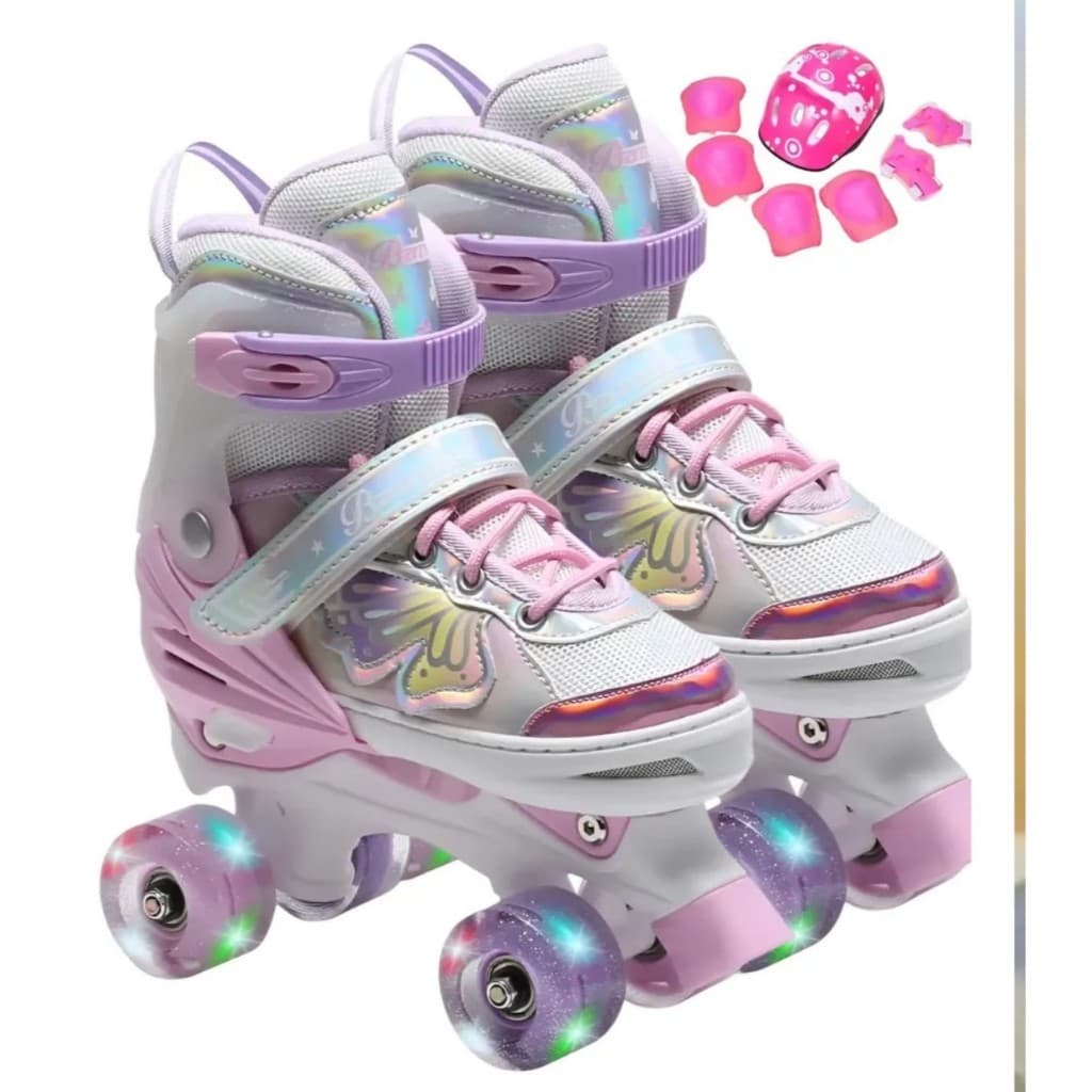 Patins Quad Infantil Borboleta Rosa Luz De Led Nas Rodas Com Kit Proteção