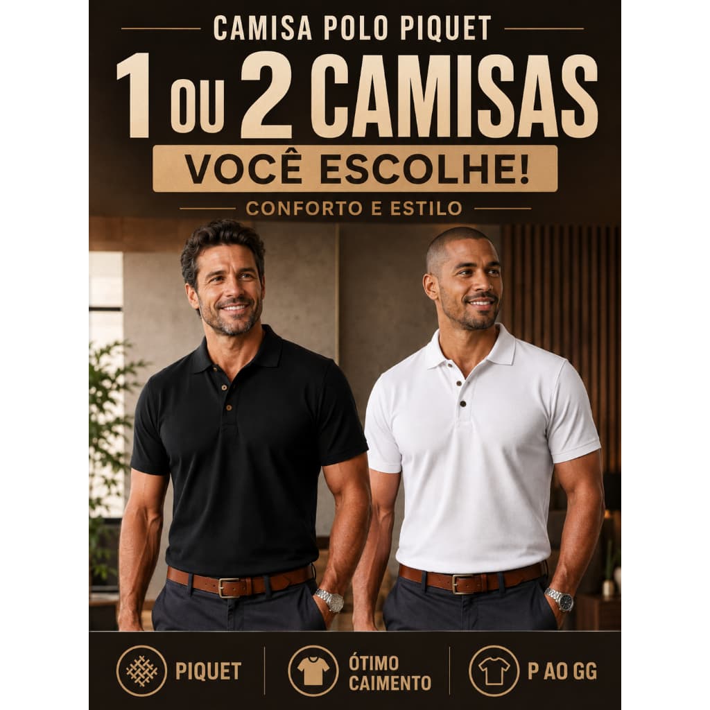 Kit Camisas com 1 ou 2 unidades Polo Masculina Piquet Premium Manga Curta Casual Gola Botão  Do P ao GG