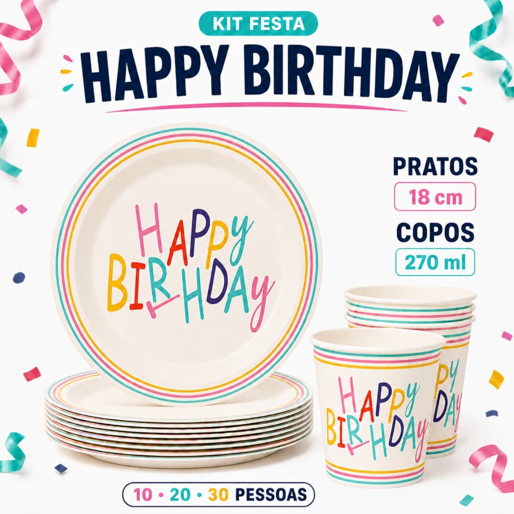 Kit Festa 10/20/50 Prato e Copo Descartável Papel Happy Birthday Decoração Aniversário Premium