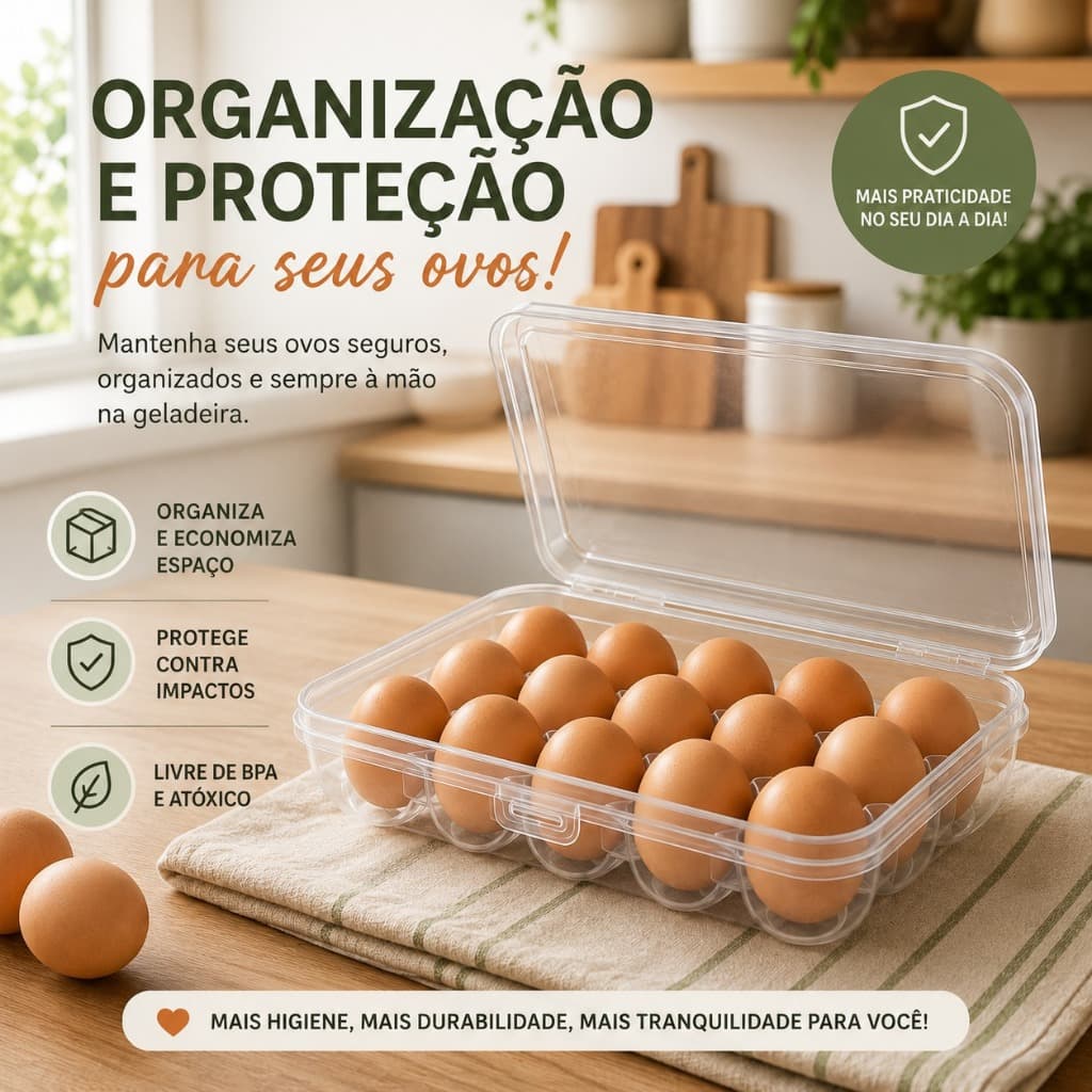 Porta Ovos com Tampa Organizador para Geladeira Caixa para Armazenar Ovos Plástico Resistente Empilhável