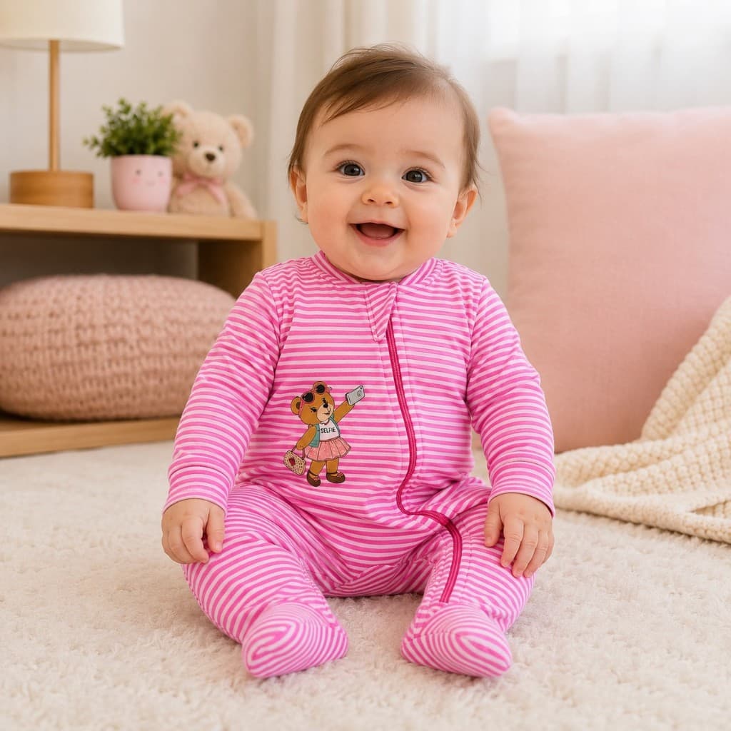 Macacão Bebê Menina Manga Longa Ursinha Fashion – Zíper – Algodão