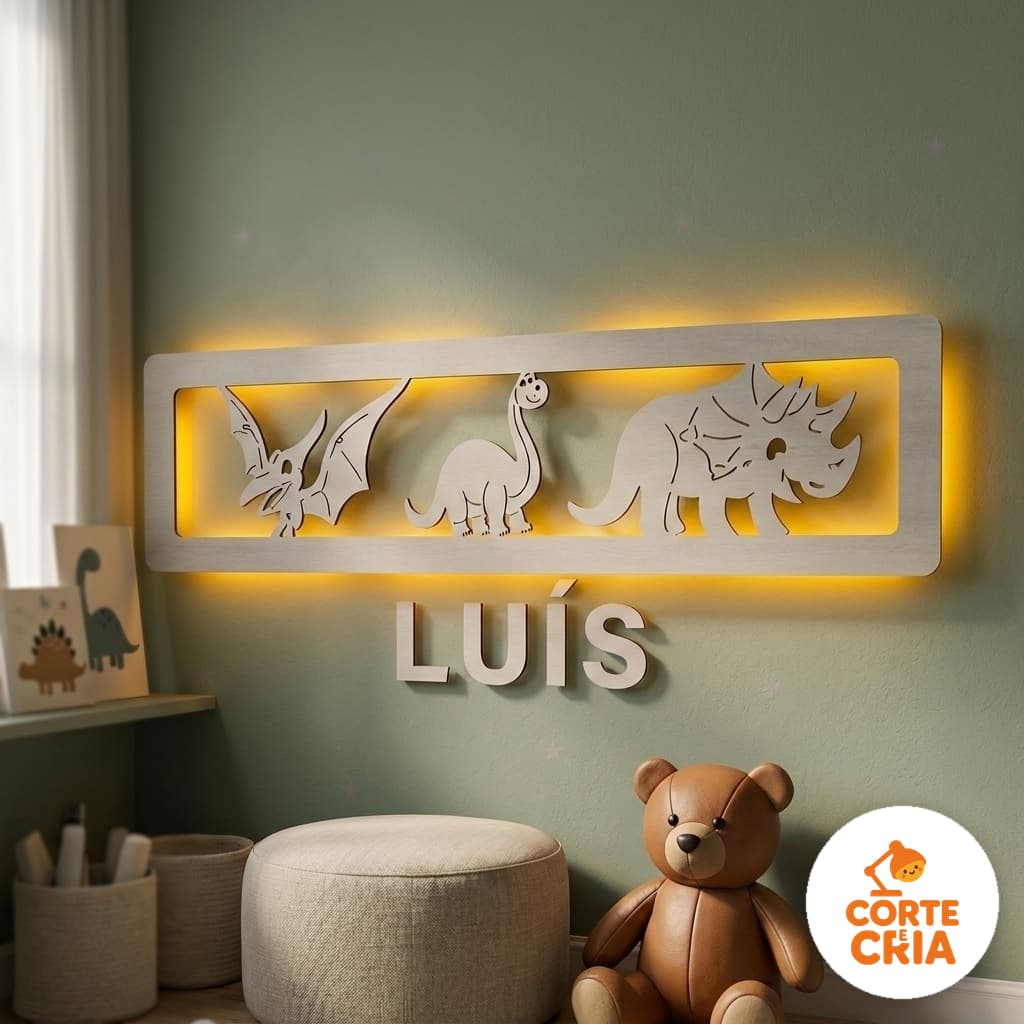 Luminária Infantil Dinossauros com Nome Personalizado em MDF com LED - Quarto Menino 50*20