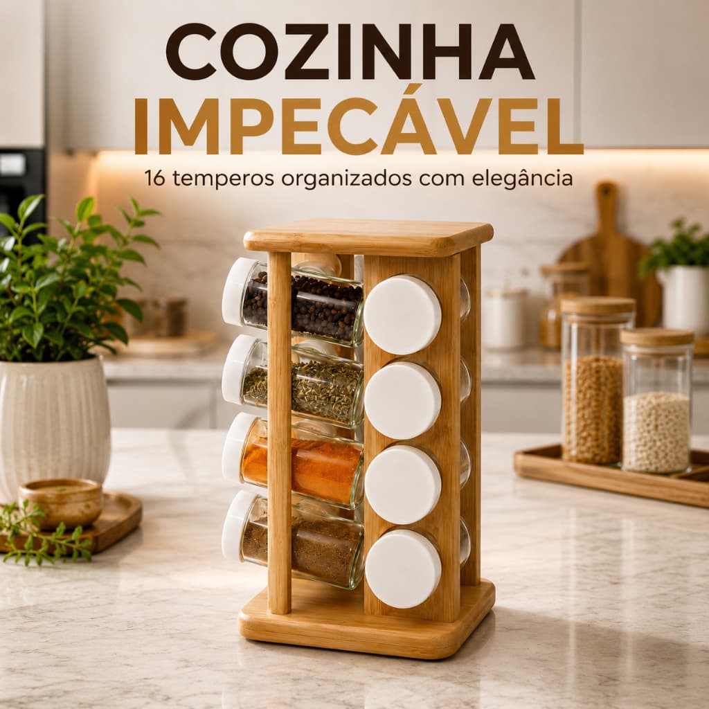 Porta Temperos Giratório 360° Bambu com 16 Frascos de Vidro Organizador de Cozinha ```