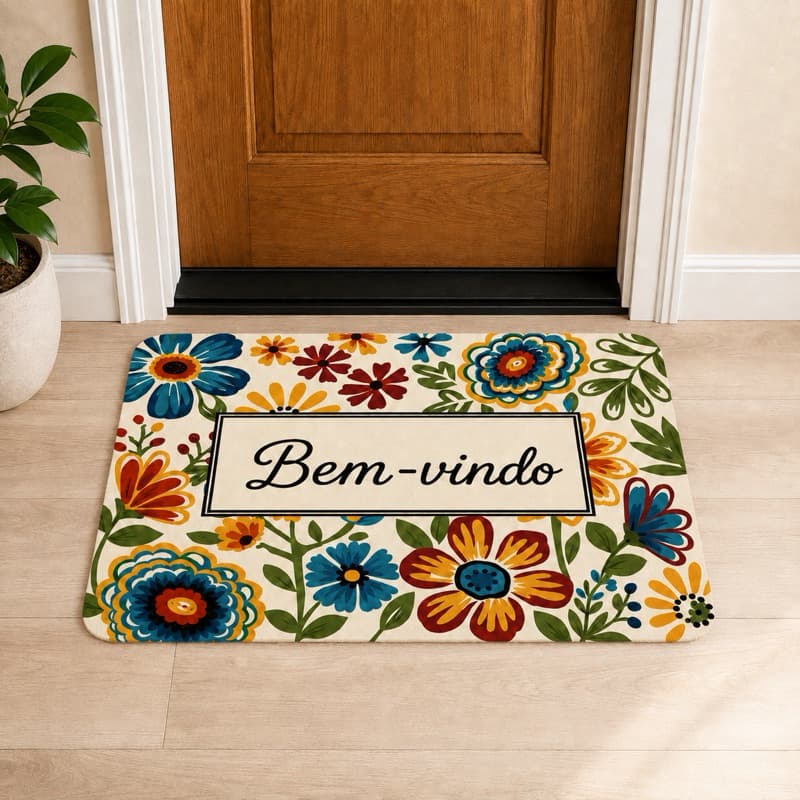 Tapete de Entrada  Antiderrapante Floral Bem-vindo-Tamanho 70x50