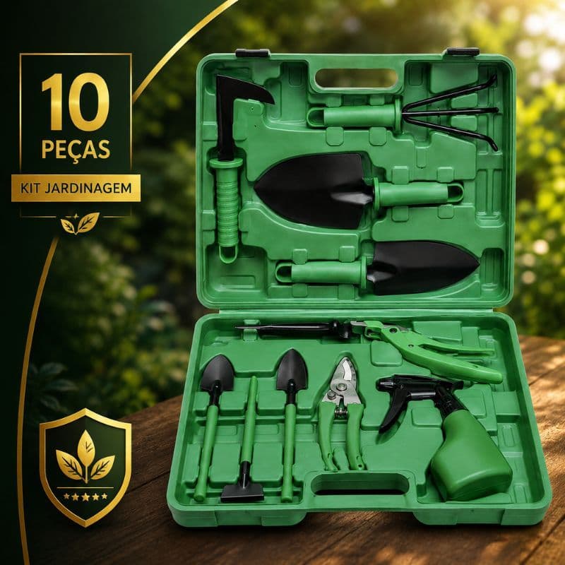 Kit Jardinagem 5 ou 10 Peças com Maleta Tesoura Poda Pá Garfo Borrifador Ferramentas Jardim