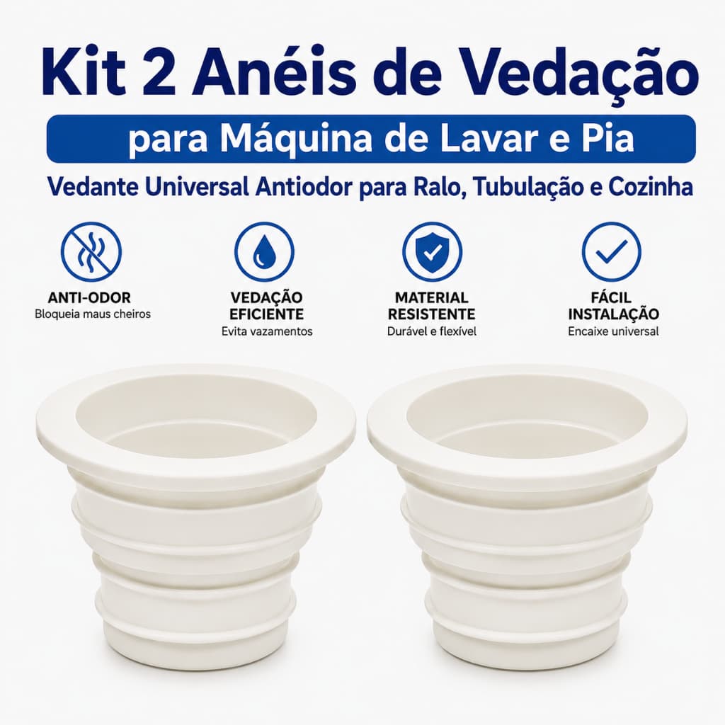 Kit 2 Anéis de Vedação para Máquina de Lavar e Pia – Vedante Universal Antiodor para Ralo e Cozinha